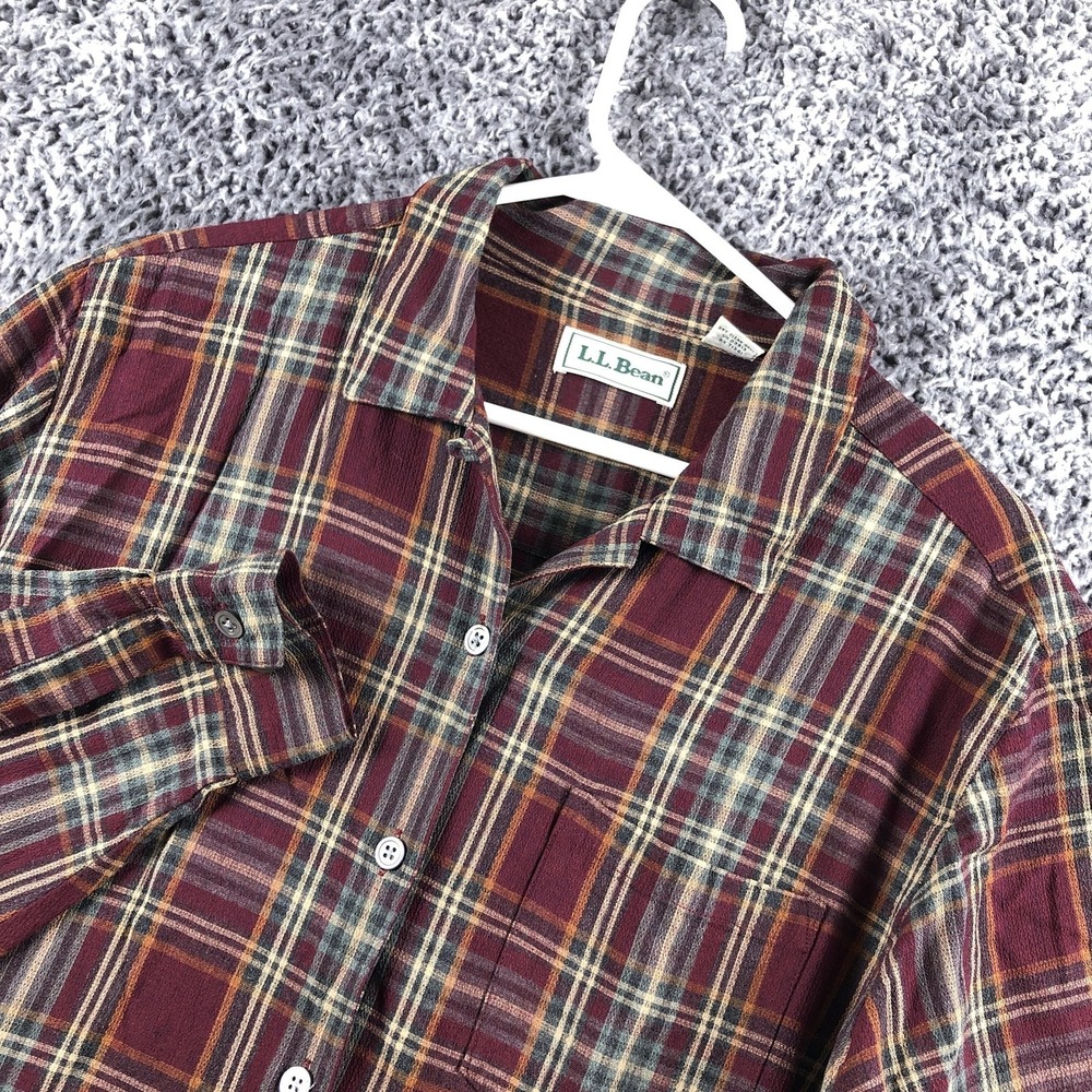 L.L. Bean Shirt Womens Medium Red Plaid Rayon Long Sleeve Button Up Casual